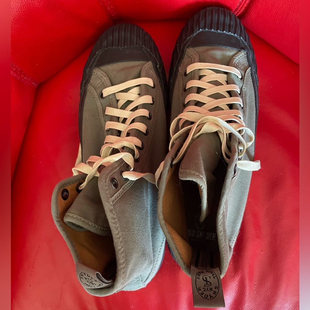 P.F. Flyers Olive Canvas High-Top Sneakers with Cream Laces - Picture 6 of 10